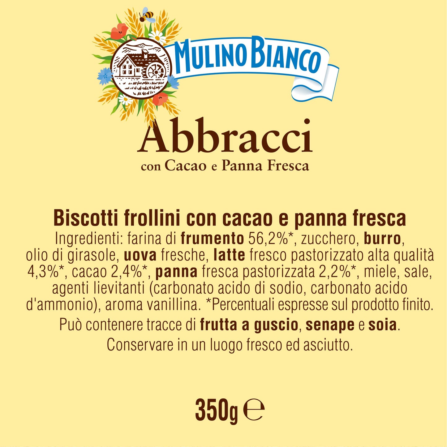 Mulino Bianco Biscotti Frollini Abbracci con Cacao e Panna Fresca, Senza Olio di Palma, Colazione Ricca di Gusto, 350 g (Confezione da 4)