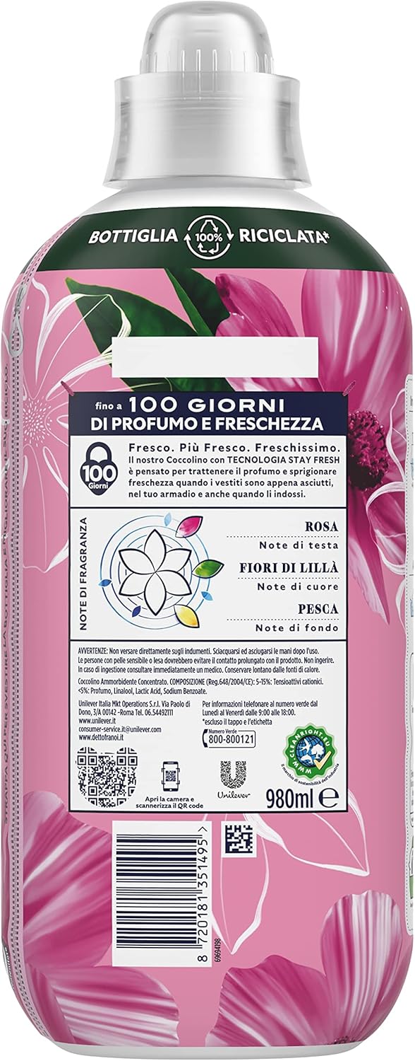 Coccolino Ammorbidente Concentrato Sensazione Seta, Ammorbidente Lavatrice con Tecnologia Stay Fresh, Profumazione alla Rosa, Fiori di Lillà e Pesca, Formato Fino a 42 Lavaggi, 980 ml