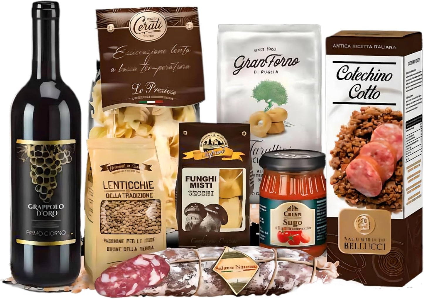 Sapori di Natale 2024 Strenna con 8 Pezzi: Cotechino, Tarallini, Pasta, Vino, Lenticchie, Funghi, Sugo e Salame, confezione per regalidea