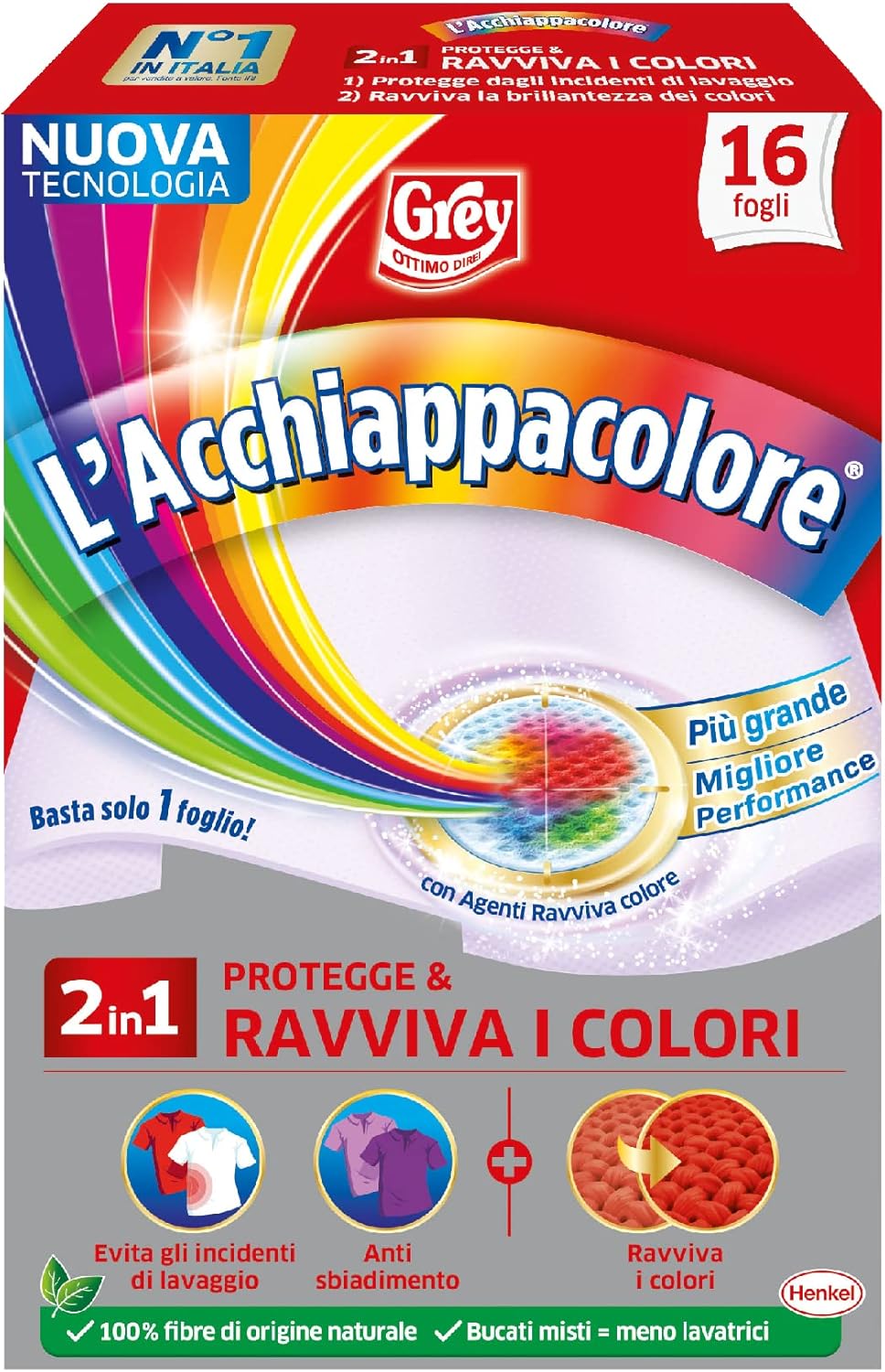 Grey L'Acchiappacolore Brillacolore, Additivi Bucato Fogli Cattura Colore e Ravviva Colori, 1 Confezione