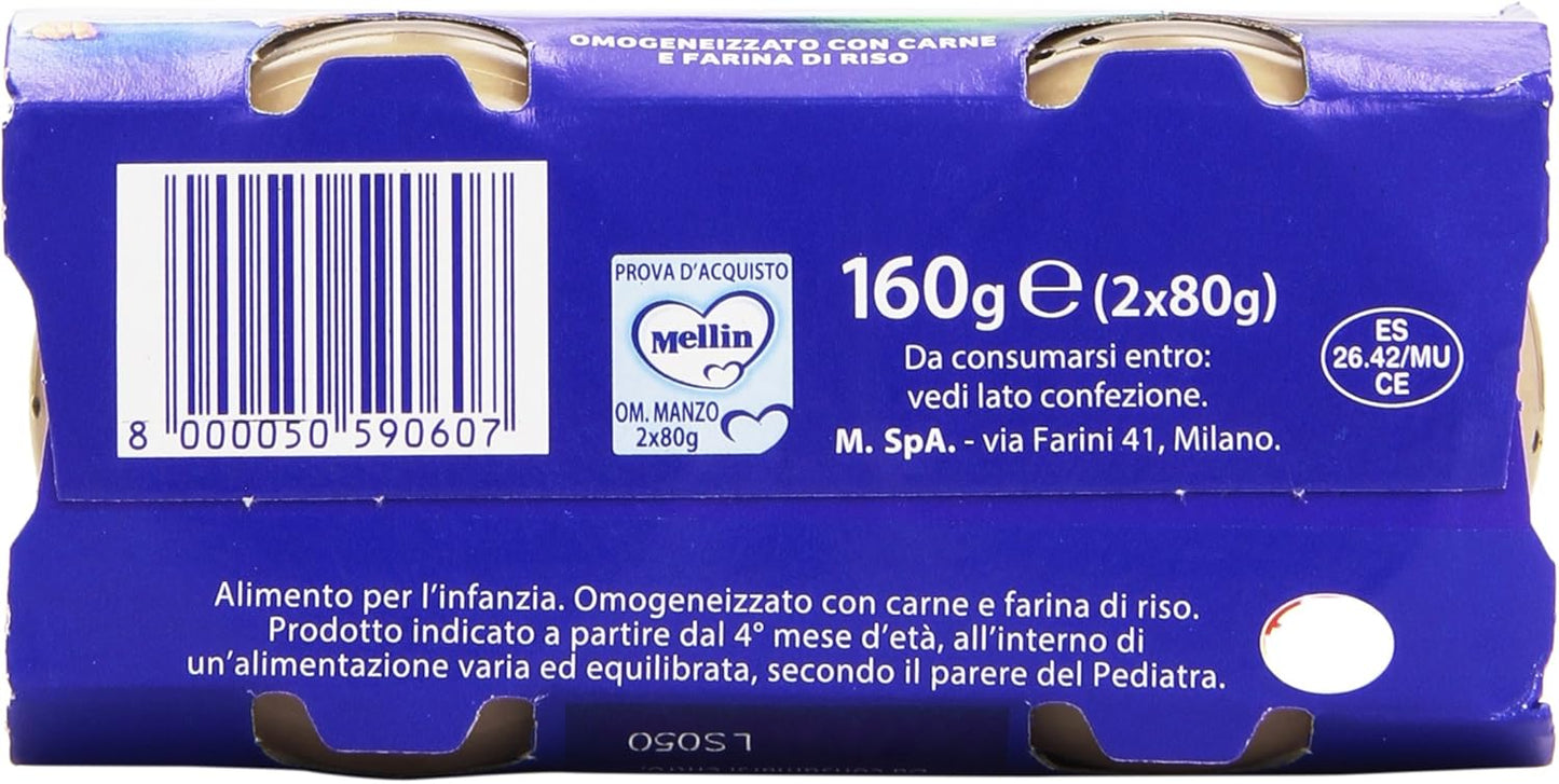 Mellin, Omogenizzato con Carne di Manzo e Farina di Riso, 2 x 80g