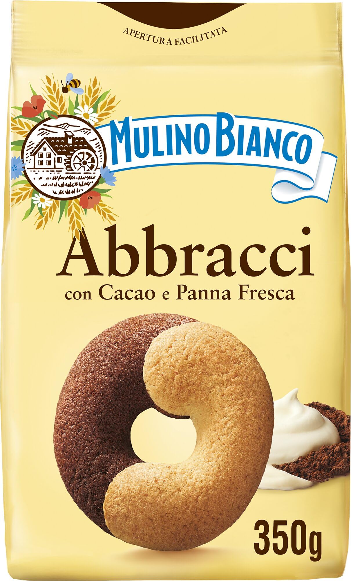 Mulino Bianco Biscotti Frollini Abbracci con Cacao e Panna Fresca, Senza Olio di Palma, Colazione Ricca di Gusto, 350 g (Confezione da 4)
