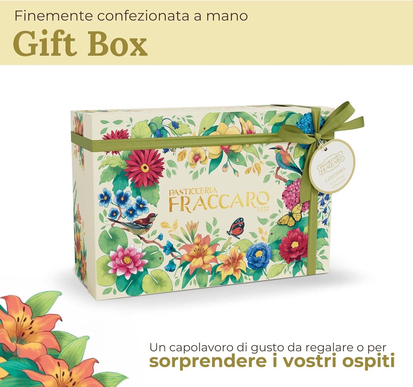 Colomba al Pistacchio Artigianale, 750gr - Pasticceria Fraccaro 1932, Farcita con Crema al Pistacchio, Glassata con Cioccolato Bianco e Scagliette, Impasto con Lievito Madre - Linea Gift Box