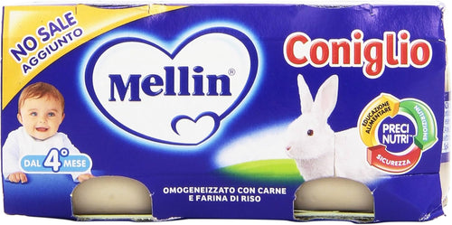 Mellin - Alimento per l'infanzia, omogenizzato con carne di coniglio e farina di riso - 160 g 2 vasetti
