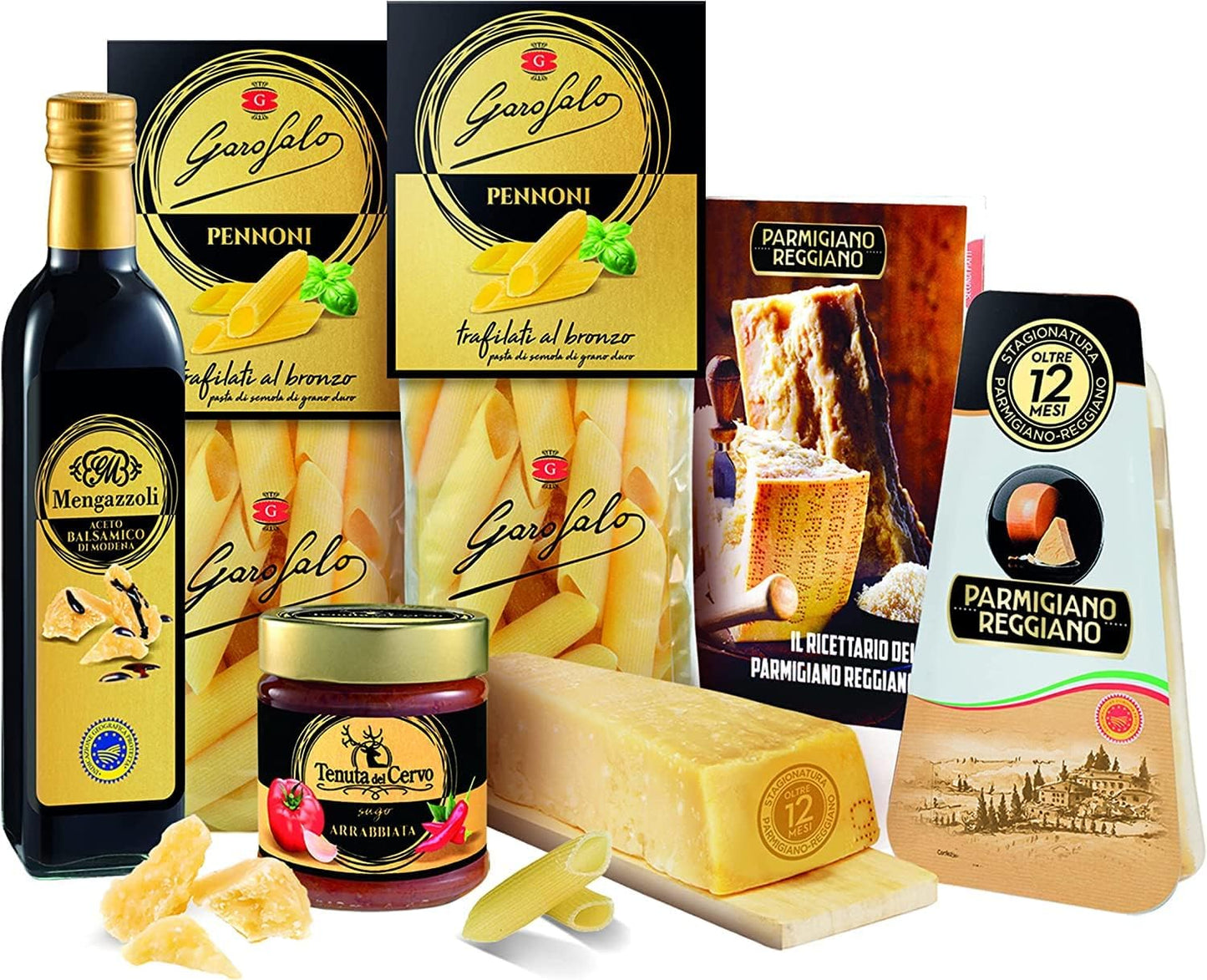 Le Cadeau Sapori d'Italia Scatola Regalo con 6 pezzi: Parmigiano Reggiano, Pasta, Sugo Arrabbiata, Aceto Balsamico, Miniricettario Consorzio Parmigiano