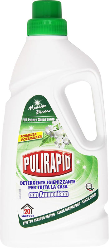 pulirapid Detergente disinfettante per tutta la casa con ammoniaca, aroma di muschio bianco, 1000 ml, confezione da 8