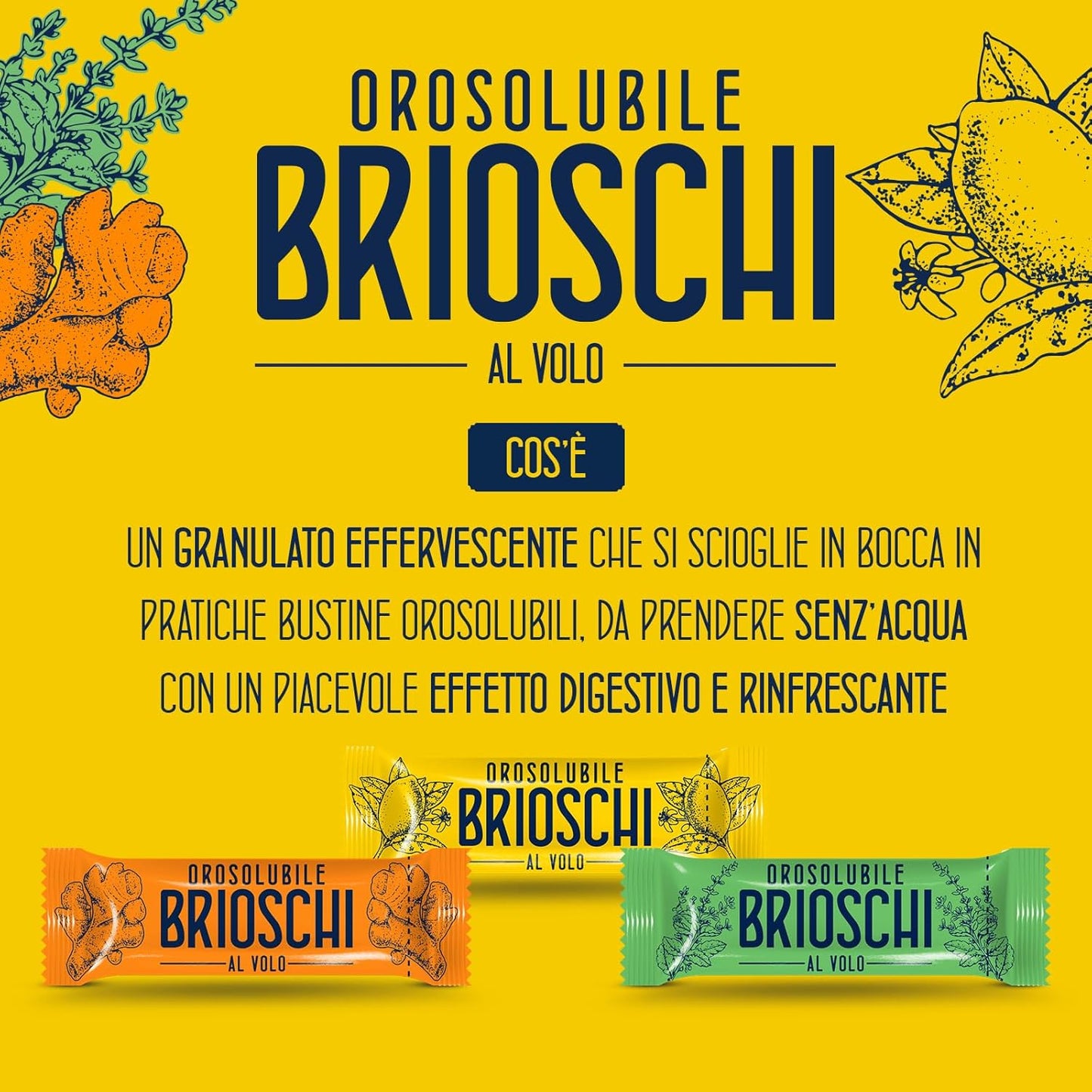 Orosolubile Brioschi al volo Limone - 15 Bustine di granulato digestivo e effervescente, da usare senz'acqua - Allo squisito gusto di limone - per un sollievo gustoso ed istantaneo - 15g