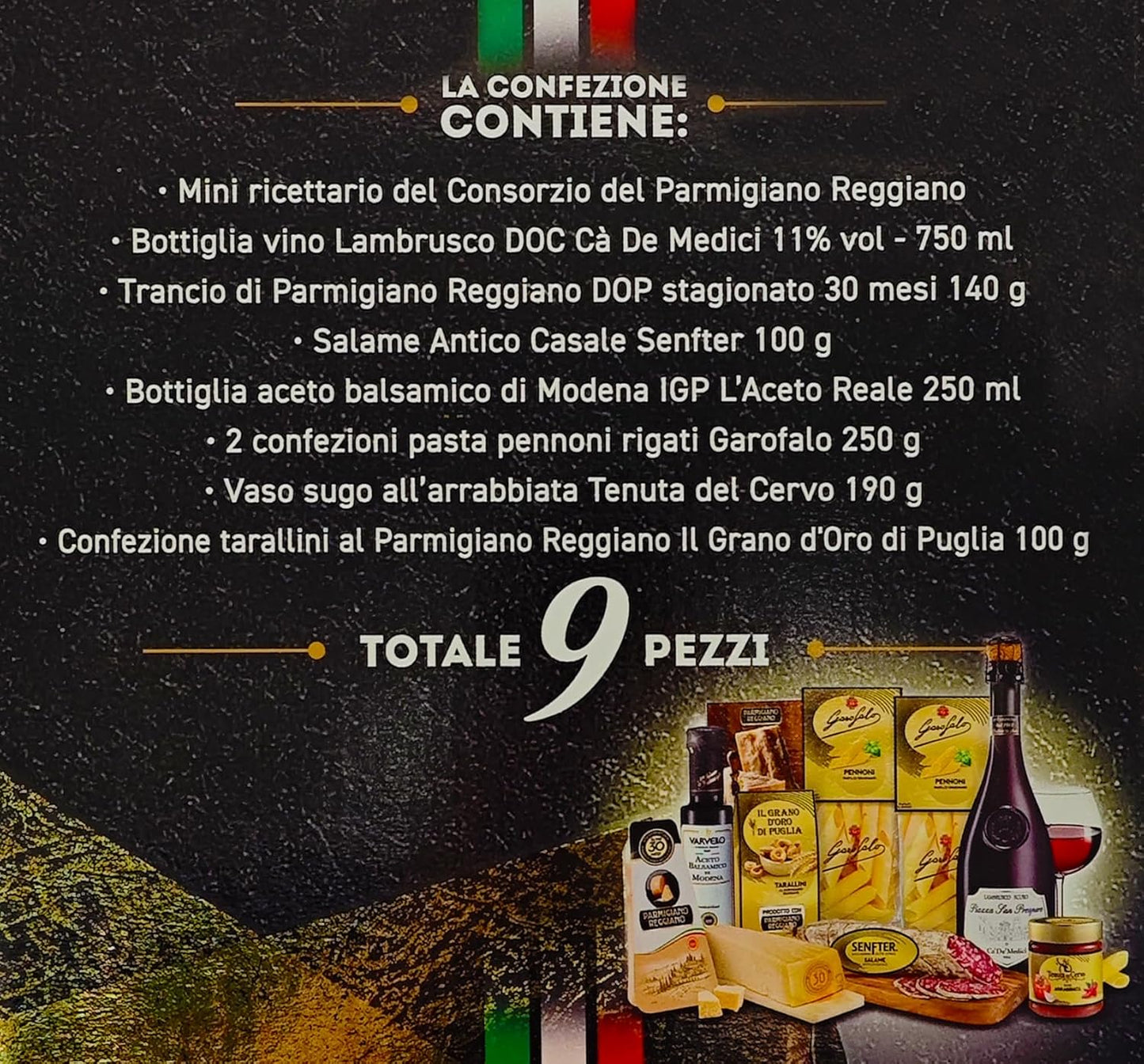 Le Cadeau Gran Gourmet 2024 Strenna con 9 pezzi: Vino, Parmigiano Reggiano, Aceto Balsamico, Salame, Pasta, Sugo, Tarallini
