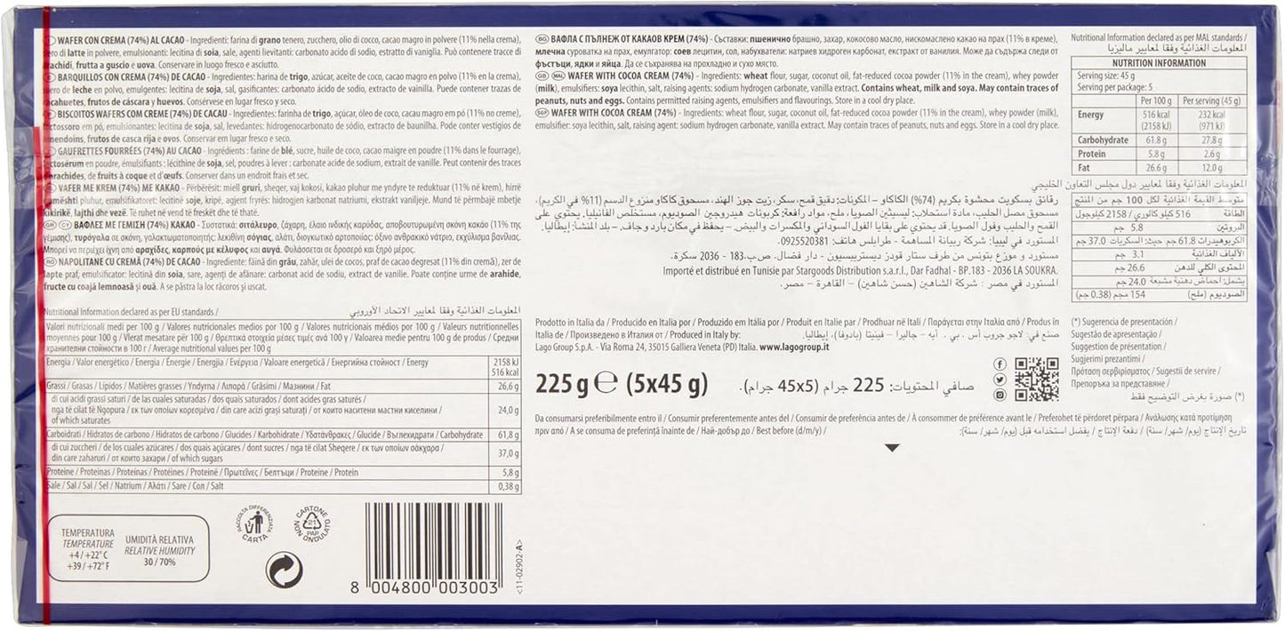 Lago 1968, Poker Cacao 5x45g, Wafer con Crema Cacao 75% con 3 Strati Friabili di Wafer e una Crema Cioccolato Vellutata