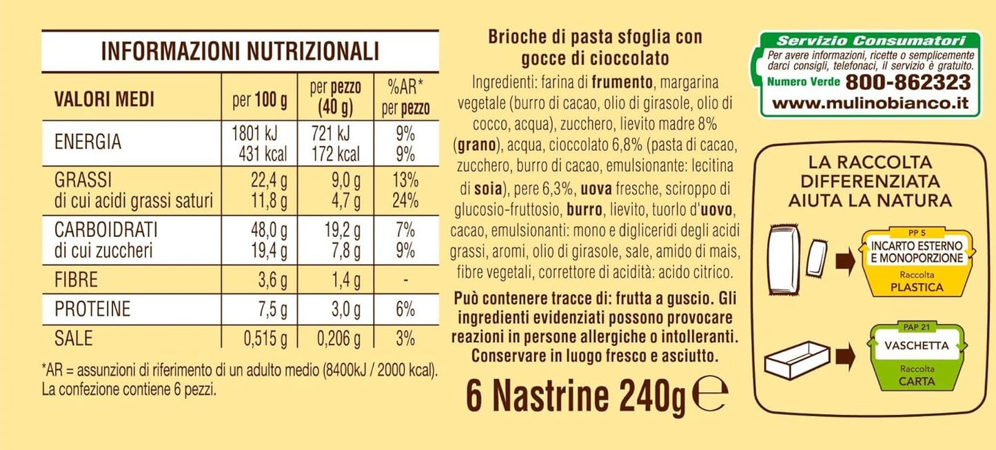 Mulino Bianco Merendine Nastrine Cioccolato, al Delicato Gusto di Pera, Snack Dolce per la Merenda - 6 Merendine