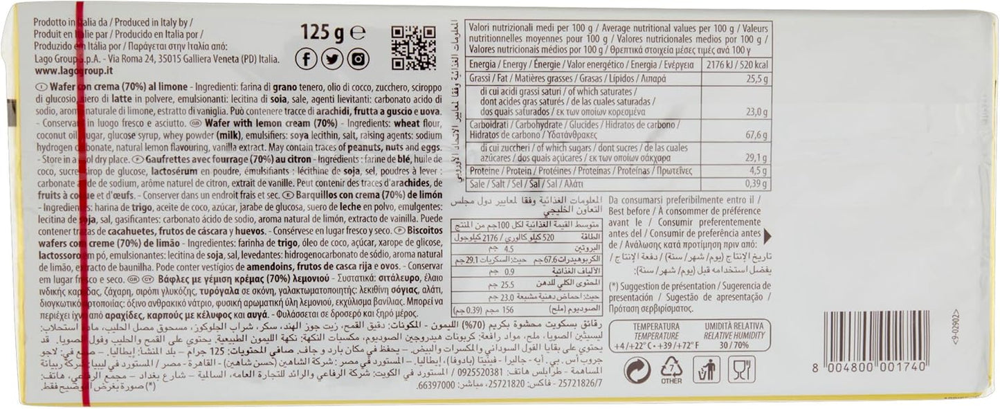 Lago 1968, Pacco Doppio Limone 2x125g, Wafer con una Vellutata Crema Limone 70% con 3 Strati Friabili di Wafer