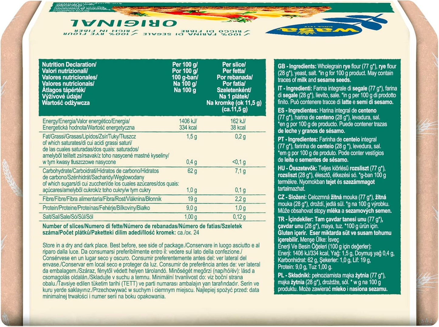 Wasa Original, Cracker con 100 percento Farina di Segale, Ricchi di Fibre, 275 g (Confezione da 1)