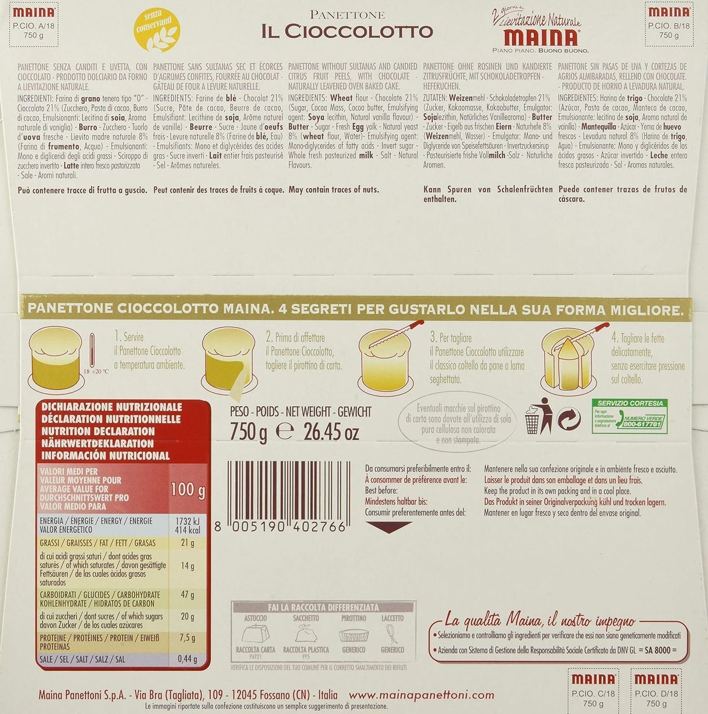 8 X Maina Panettone Il Cioccolotto – Dessert di Natale tradizionale italiano – Torta di Natale con fette di cioccolato 750g + portachiavi Beni Culinari