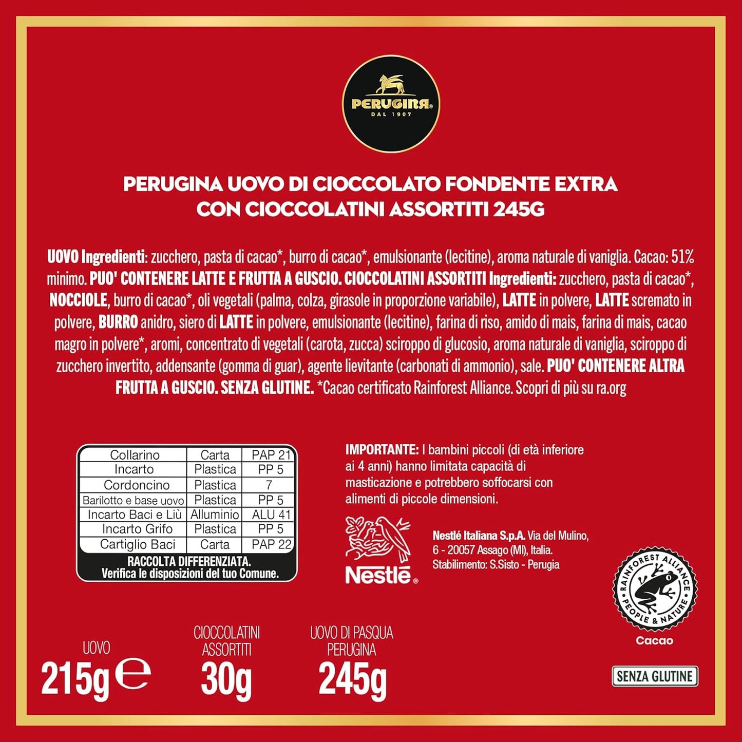 PERUGINA Uovo di Pasqua 2025 Cioccolato Fondente con 3 Cioccolatini 245g