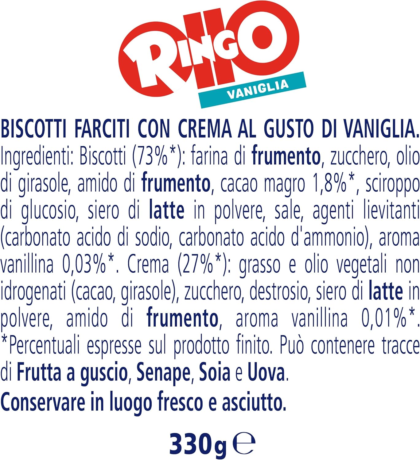 Pavesi Snack Ringo Vaniglia Formato Famiglia, Biscotti Farciti con Crema alla Vaniglia, Snack Dolce per Merenda o Pausa Studio, Confezione da 330 g