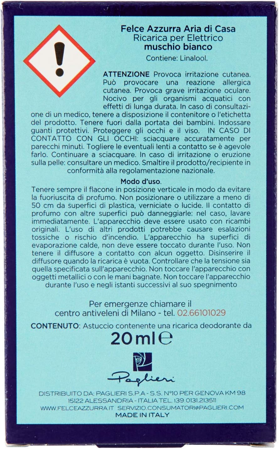 Felce Azzurra - Aria di Casa, Ricarica Diffusore Elettrico Muschio Bianco, Puro Benessere - 20 ml