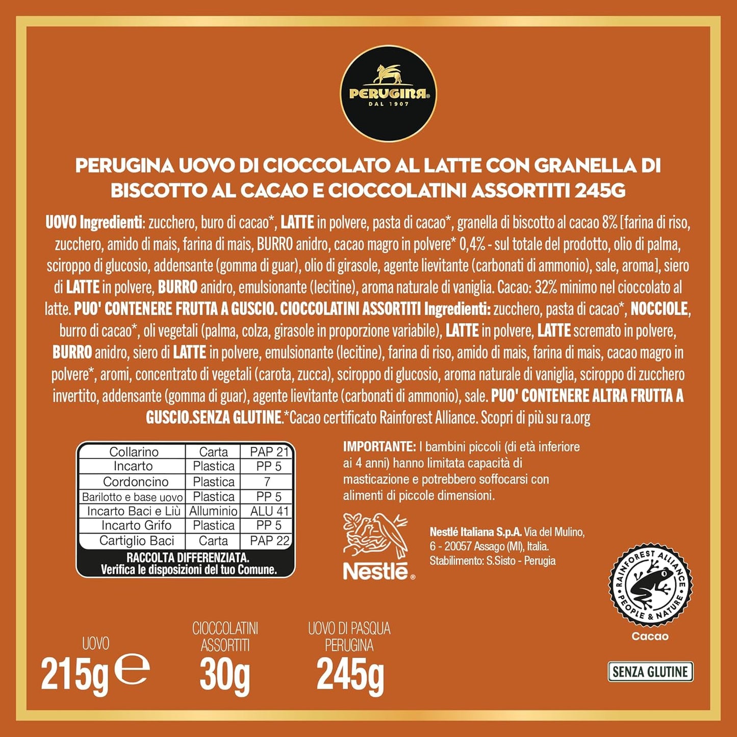 PERUGINA Uovo di Pasqua 2025 Cioccolato al Latte e granella di Biscotto con 3 Cioccolatini 245g
