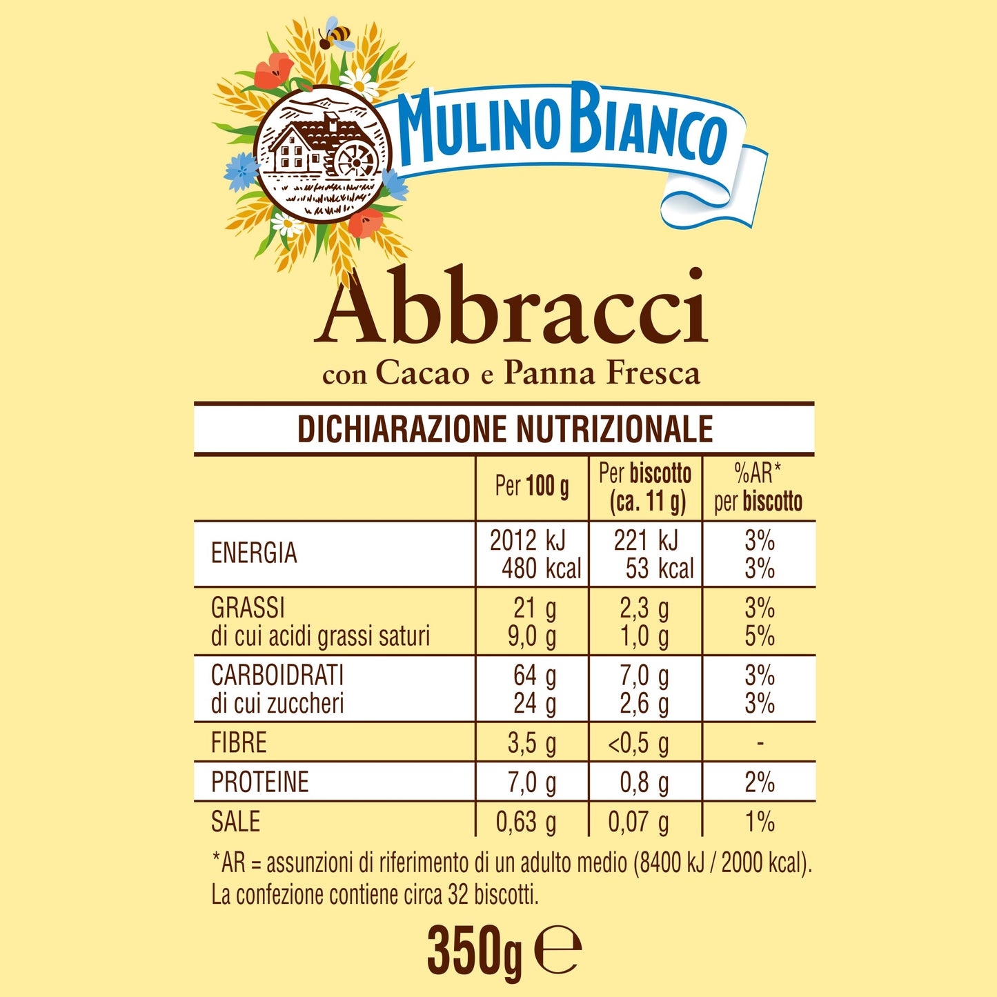 Mulino Bianco Biscotti Frollini Abbracci con Cacao e Panna Fresca, Senza Olio di Palma, Colazione Ricca di Gusto, 350 g (Confezione da 4)