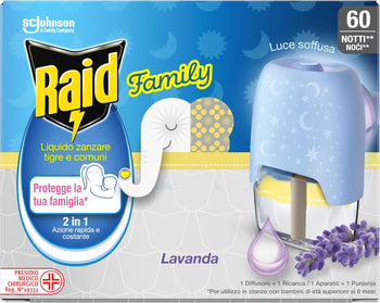 Raid Family Liquido Antizanzare Comuni e Tigre, Fragranza alla Lavanda, 1 Confezione da 1 Diffusore e 1 Ricarica da 36ml, 60 Notti