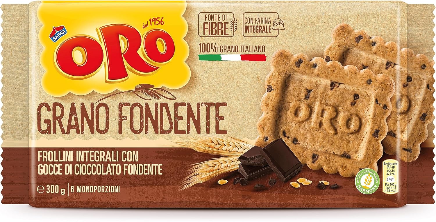 Oro Saiwa Grano Fondente, Biscotti Integrali con Gocce di Cioccolato Fondente, Fonte di Fibre con Farina Integrale, 100% Grano Italiano, 300g (6 monoporzioni da 50g)