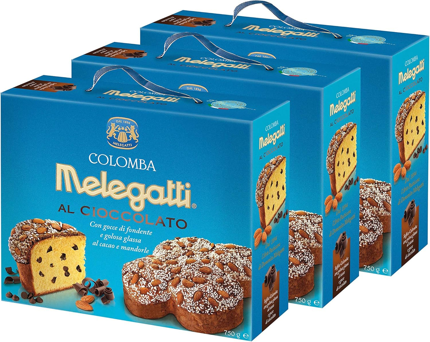 Colomba Al Cioccolato Melegatti, Senza Canditi, Con Gocce Di Cioccolato Fondente, Glassa Al Cacao, Mandorle E Granella Di Zucchero, 750 gr (pacco da 3)