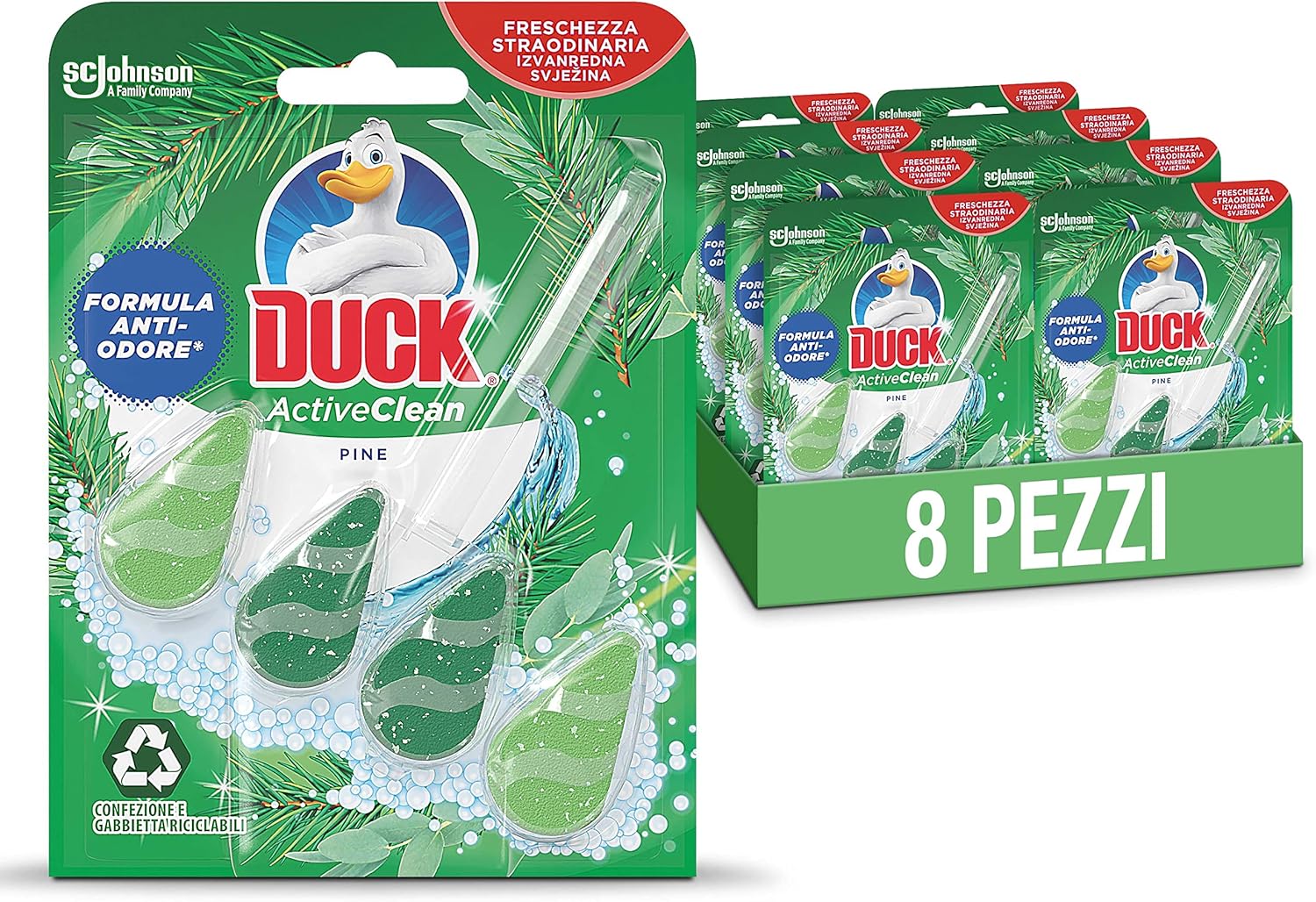 Duck Active Clean - Tavoletta Igienizzante WC, Profumo Pino, Formato Scorta da 8 Tavolette