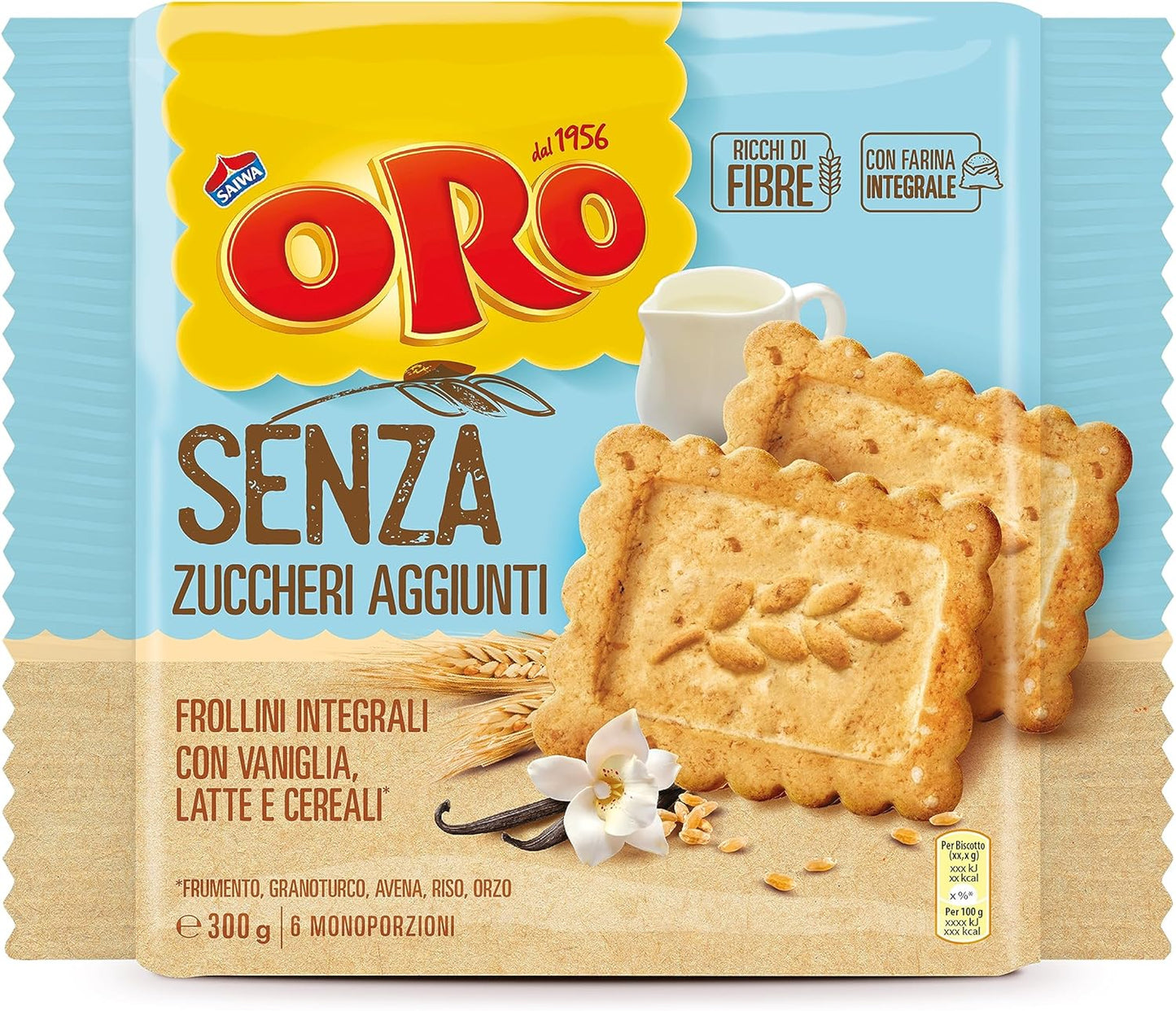 Oro Saiwa senza Zuccheri Aggiunti, Biscotti Integrali con Vaniglia, Latte e Cereali, Fonte di Fibre con Farina Integrale, 300g (6 monoporzioni da 50g)