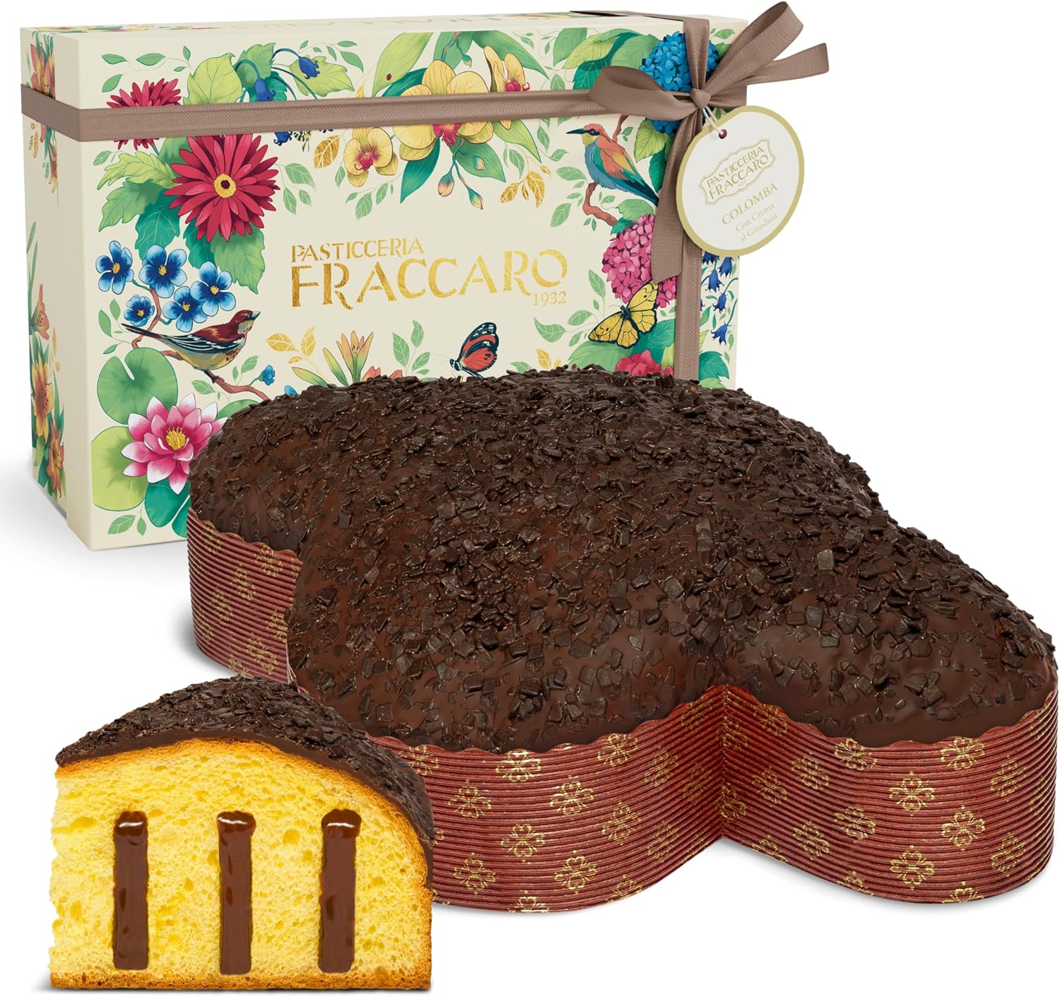 Colomba Artigianale alla Gianduia, 750 gr - Pasticceria Fraccaro 1932, Dolce Pasquale con Crema Gianduia e Glassa al Cioccolato, Senza Canditi, Lievitata Naturalmente, Linea Incarto Regalo