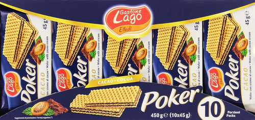 Lago 1968, Poker Cacao 10x45g, Wafer con Crema Cacao 75% con 3 Strati Friabili di Wafer e una Crema Cioccolato Vellutata