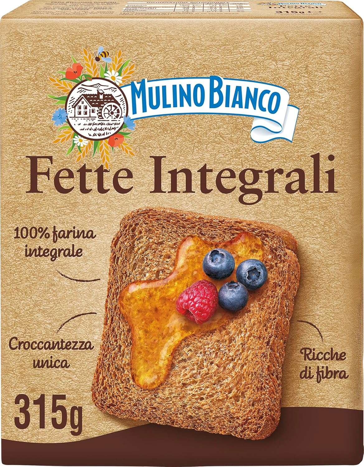 Mulino Bianco Fette Biscottate Integrali, Spesse, Croccanti e Friabili, Senza Olio di Palma, Colazione Ricca di Fibre e Gusto, 315 g