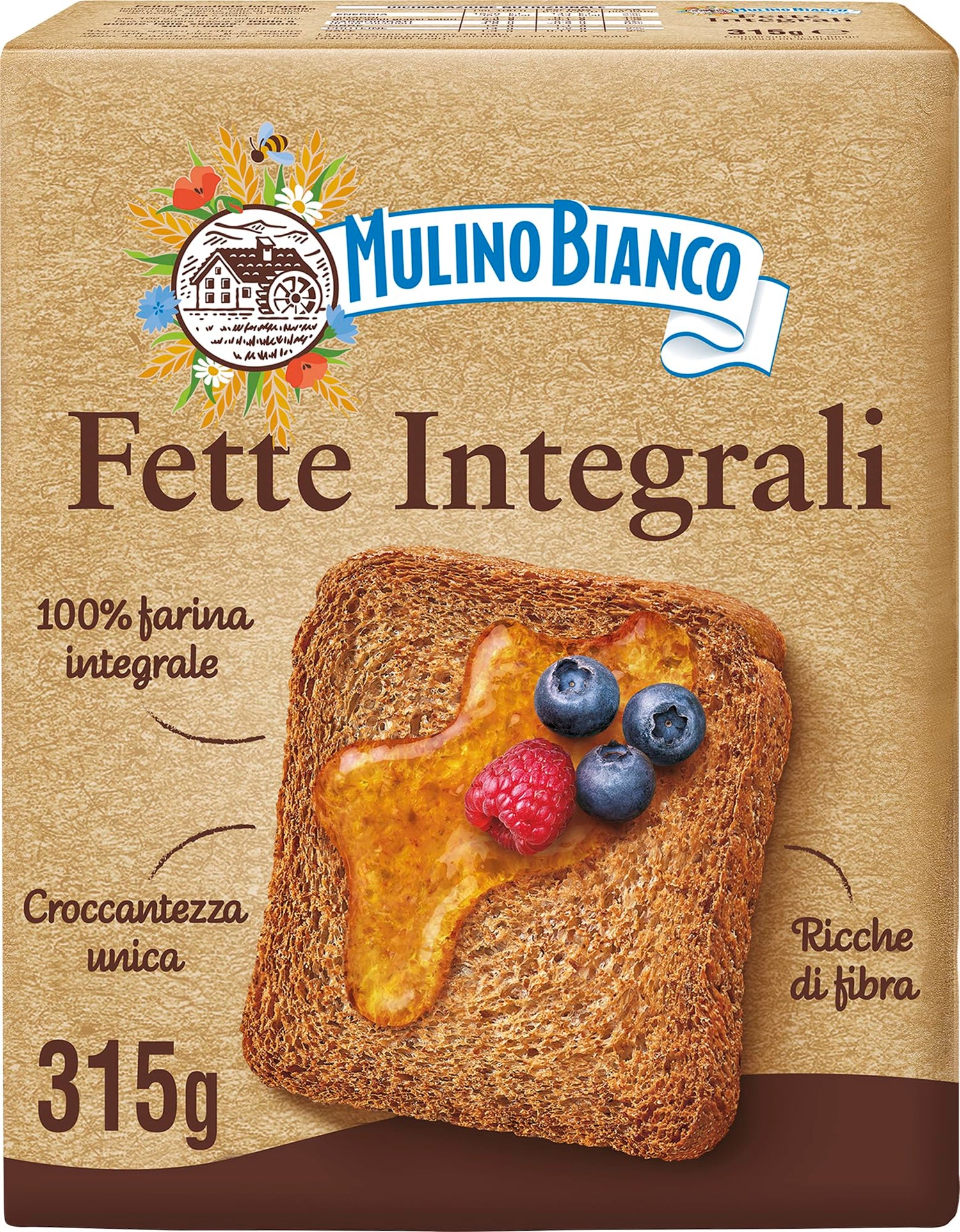 Mulino Bianco Fette Biscottate Integrali, Spesse, Croccanti e Friabili, Senza Olio di Palma, Colazione Ricca di Fibre e Gusto, 315 g (Confezione da 6)