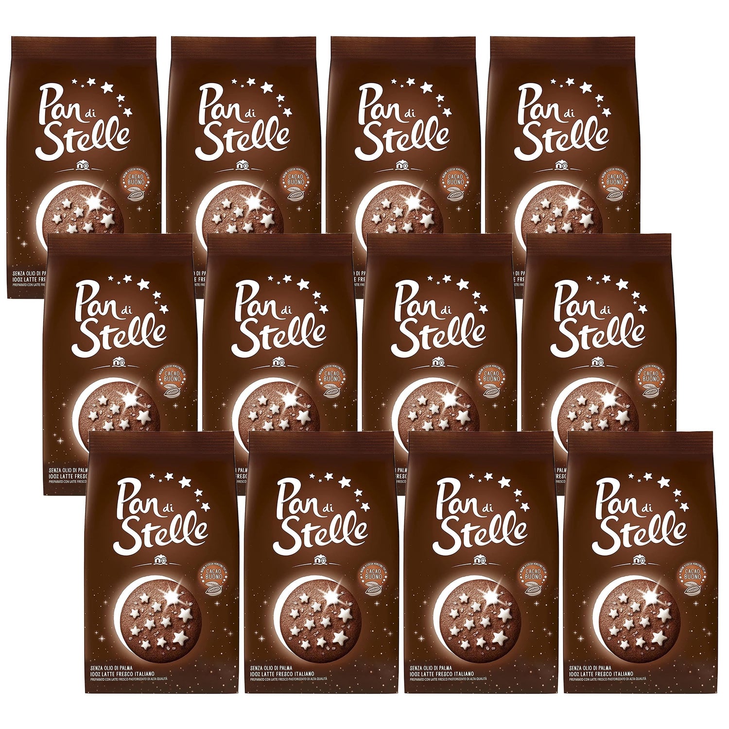 MULINO BIANCO Pan di stelle - Biscotti italiani al cioccolato con stelle glassate 350g x 12 parcelle (Pan di stelle, x12)
