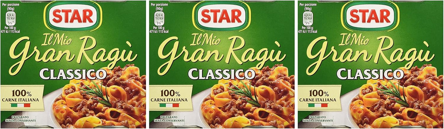 Star - Il Mio Gran Ragù, Classico, 100% Carne Italiana - 3 confezioni da 2 latte da 180 g [1080 g, 6 latte, 12 porzioni]