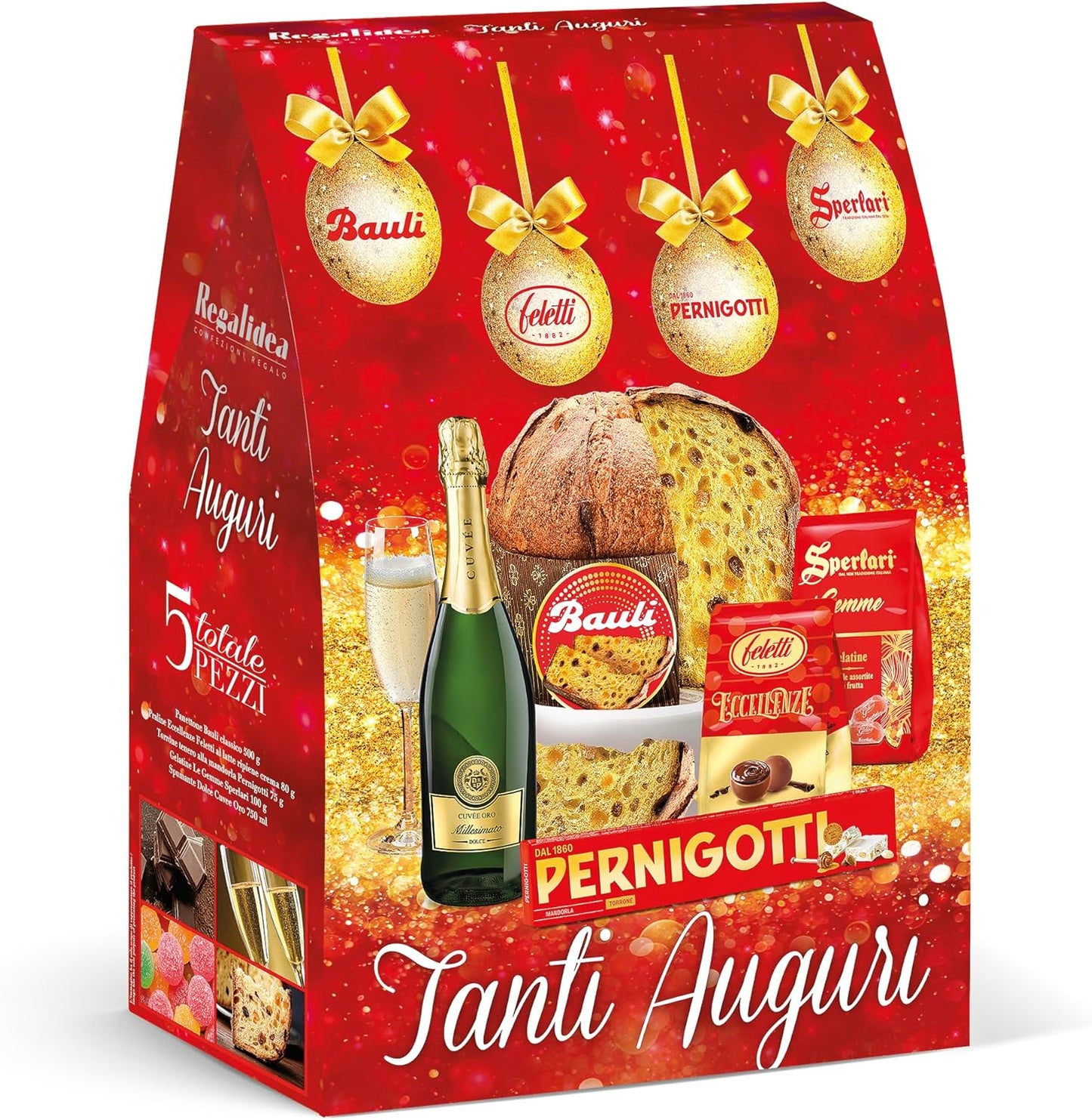 Cesto Natalizio Regalidea “Tanti Auguri” con Specialità Gastronomiche tipiche di alta qualità - Confezione Regalo di Natale Gourmet da 5 Pezzi