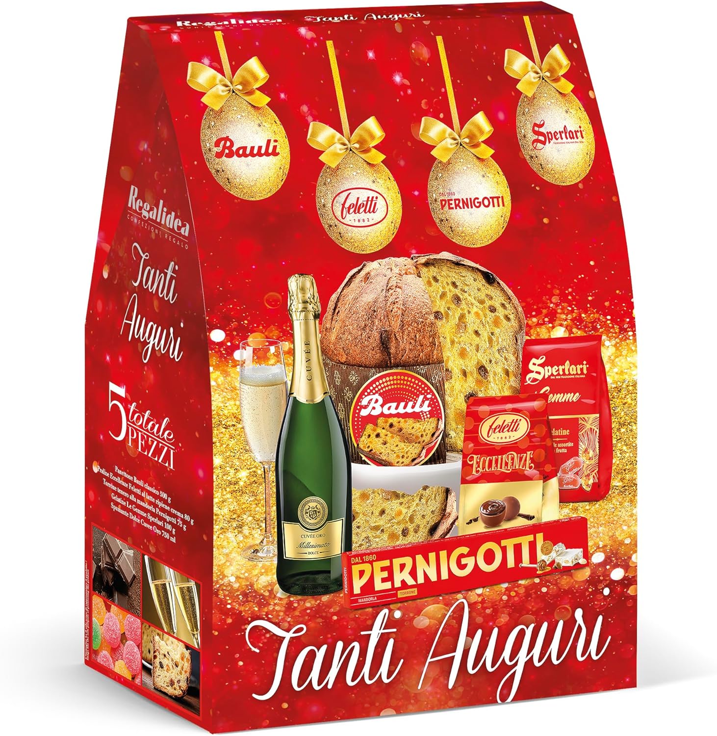 Cesto Natalizio Regalidea “Tanti Auguri” con Specialità Gastronomiche tipiche di alta qualità - Confezione Regalo di Natale Gourmet da 5 Pezzi