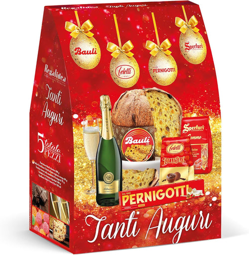Cesto Natalizio Regalidea “Tanti Auguri” con Specialità Gastronomiche tipiche di alta qualità - Confezione Regalo di Natale Gourmet da 5 Pezzi