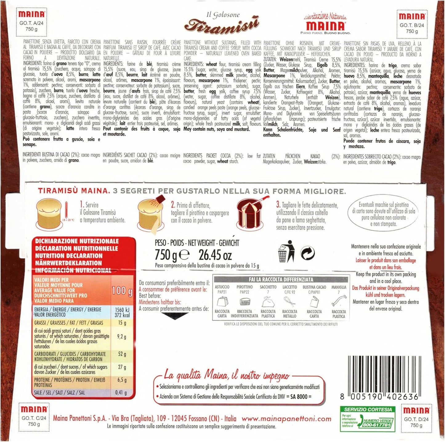 Maina il Golosone Tiramisù Panettone Farcito con Caffè e Crema al Tiramisù 750g