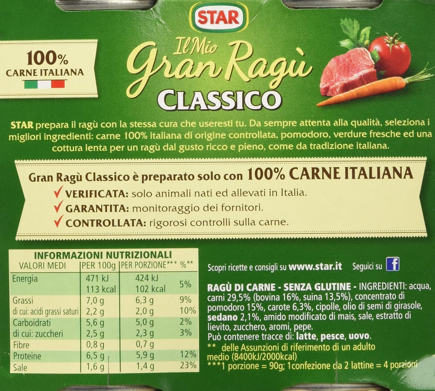 Star - Il Mio Gran Ragù, Classico, 100% Carne Italiana - 3 confezioni da 2 latte da 180 g [1080 g, 6 latte, 12 porzioni]