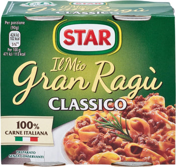 STAR Il Mio GranRagù Classico, 2 x 180gr, ragù preparato secondo la tradizione, 100% carne Italiana controllata e selezionata. Senza conservanti e senza glutine