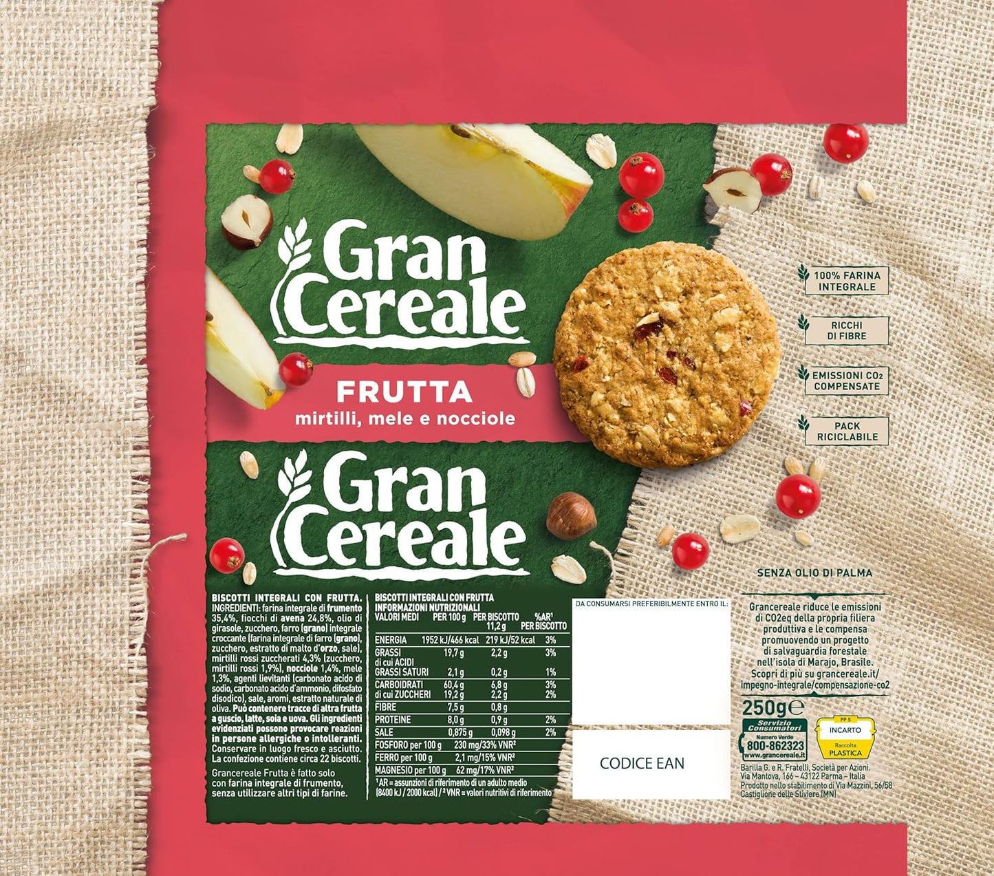 Gran Cereale Biscotti Gran Cereale alla Frutta, Biscotti dal Gusto Pieno Ricchi di Fibra e Fosforo - 250 g