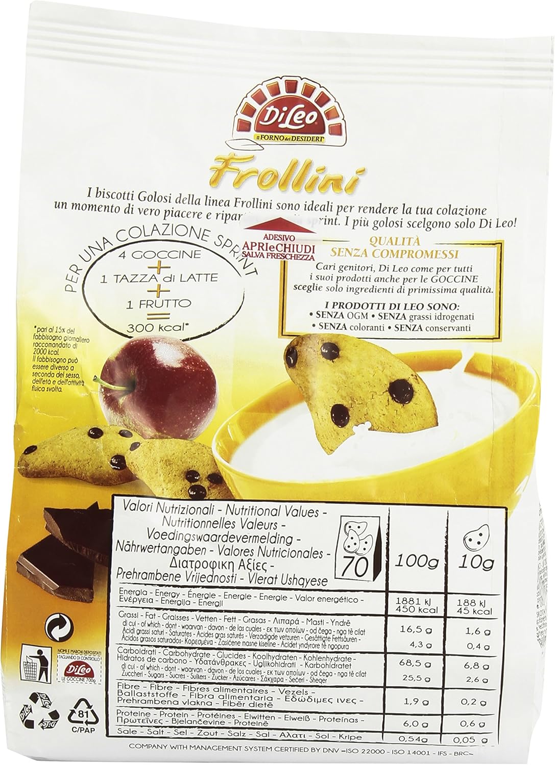 DiLeo - Biscotti, con Gocce di Cioccolato, 700 g