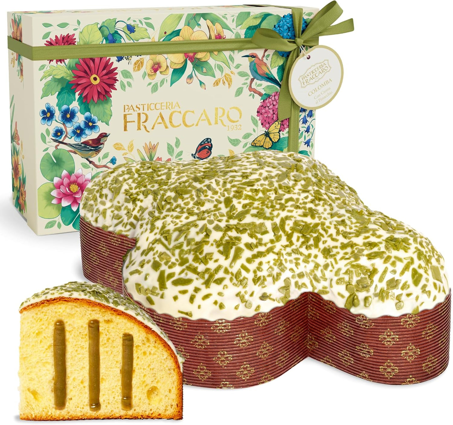 Colomba al Pistacchio Artigianale, 750gr - Pasticceria Fraccaro 1932, Farcita con Crema al Pistacchio, Glassata con Cioccolato Bianco e Scagliette, Impasto con Lievito Madre - Linea Gift Box