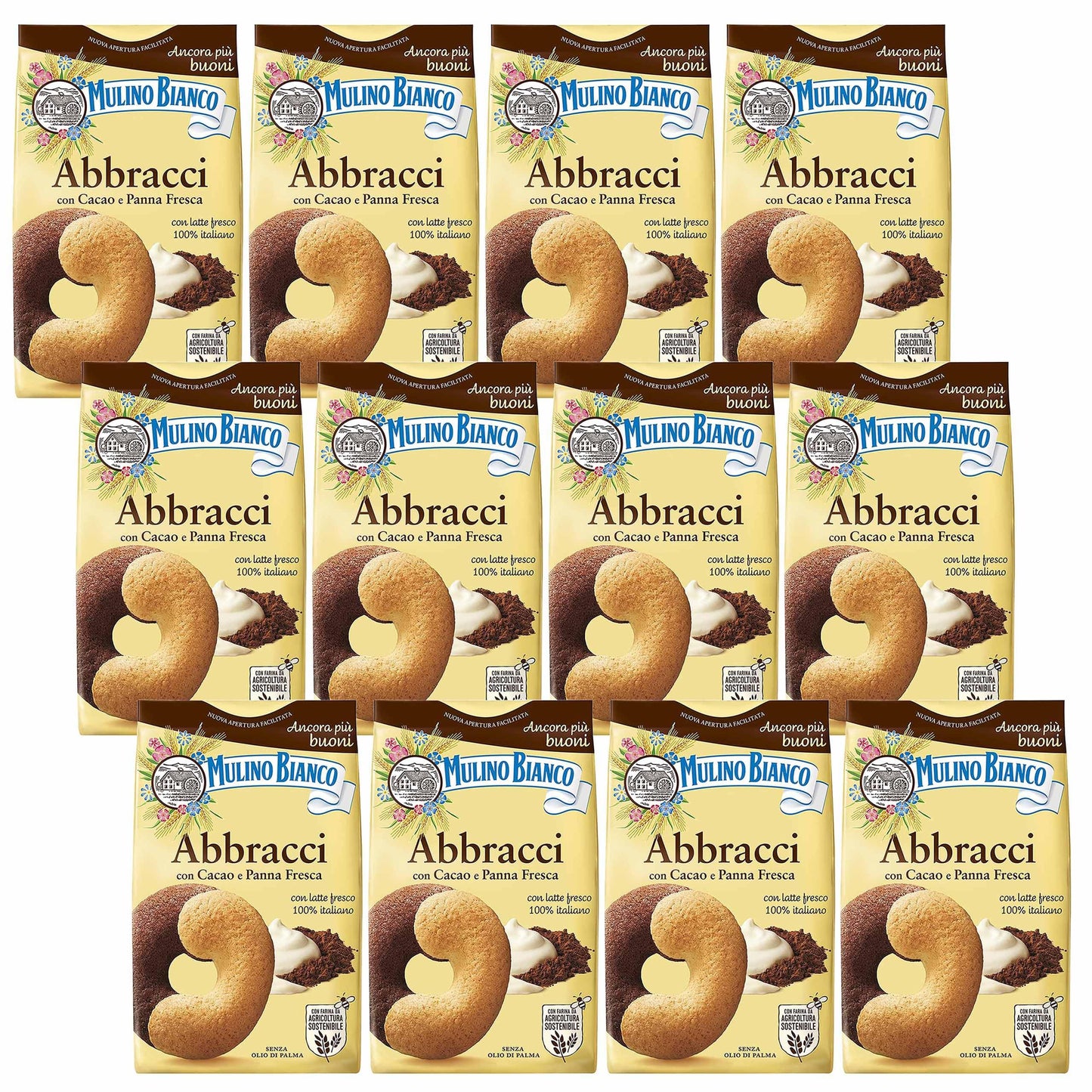 MULINO BIANCO Abbracci, biscotti di pasta frolla italiani al burro e gusto cacao 350g x 12 parcelle (Abbracci, x12)
