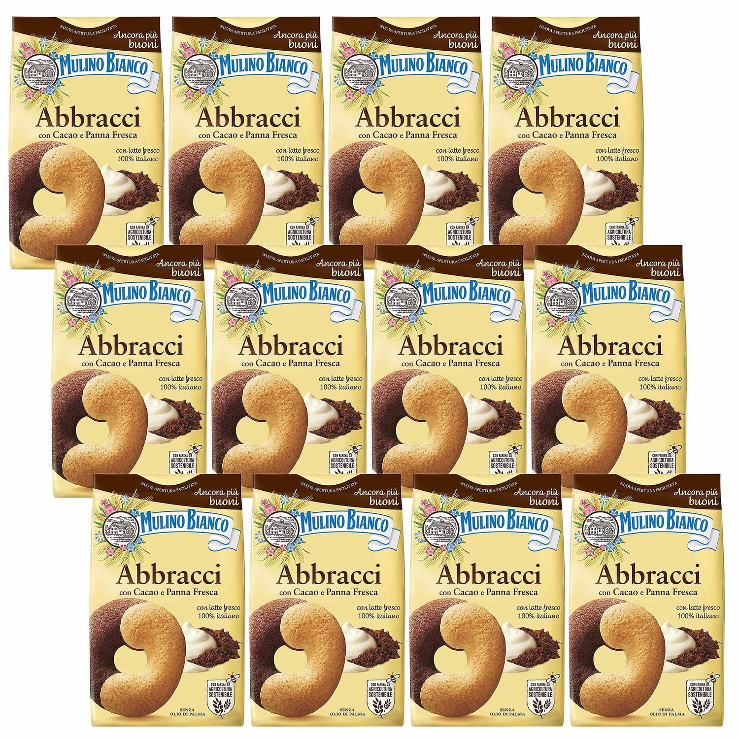 MULINO BIANCO Abbracci, biscotti di pasta frolla italiani al burro e gusto cacao 350g x 12 parcelle (Abbracci, x12)