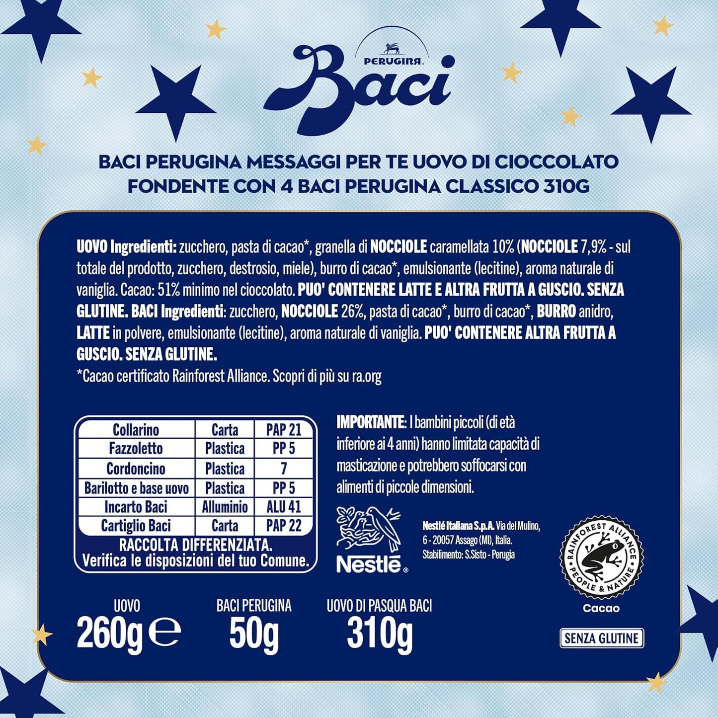 BACI PERUGINA Uovo di Pasqua 2025 Cioccolato Fondente Inciso con granella di Nocciole e 4 Cioccolatini 310g