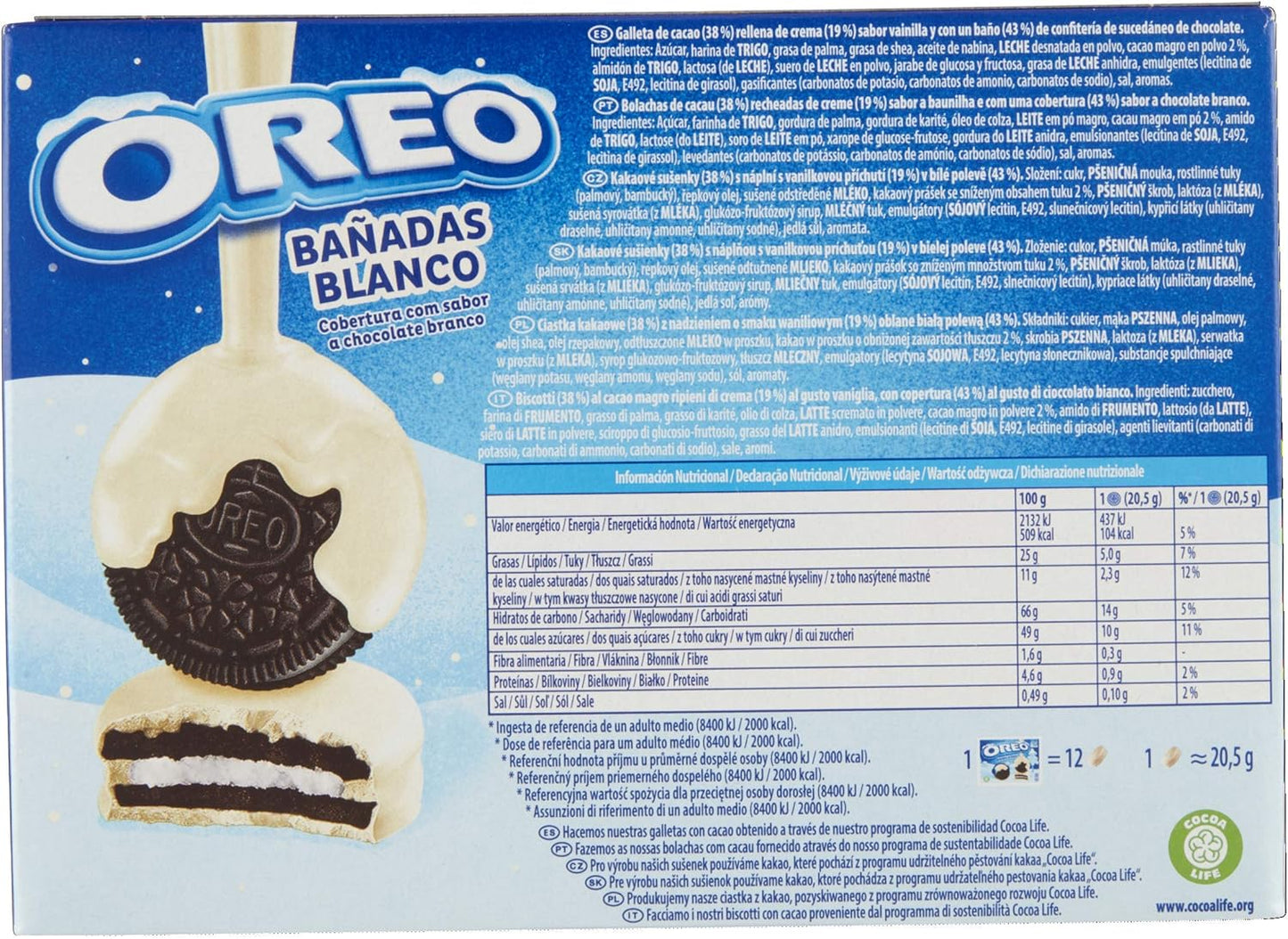 Oreo Banadas - Biscotti al cacao magro ripieni di crema alla vaniglia ricoperti di cioccolato bianco 246g