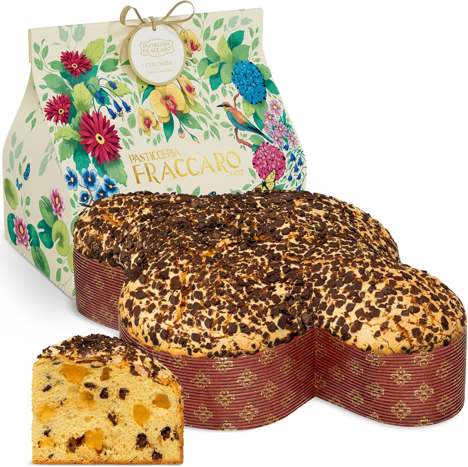 Colomba Pasquale Artigianale con Pere e Cioccolato, 750gr - Pasticceria Fraccaro 1932, Dolce Pasquale con Impasto Morbido e Fragrante, Pere Candite e Gocce di Cioccolato - Linea Bauletto