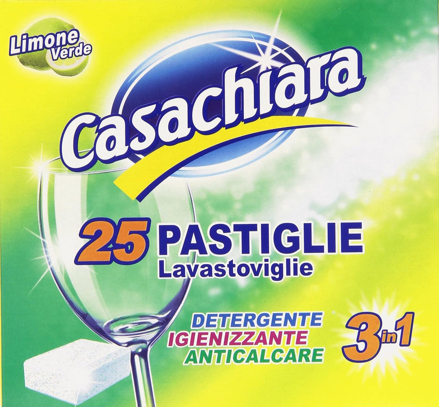 Casachiara - Detergente Igienizzante Anti Calcare, 25 Pastiglie per Lavastoviglie al Limone Verde - 6 confezioni da 25 pastiglie [150 pastiglie, 2700 g]