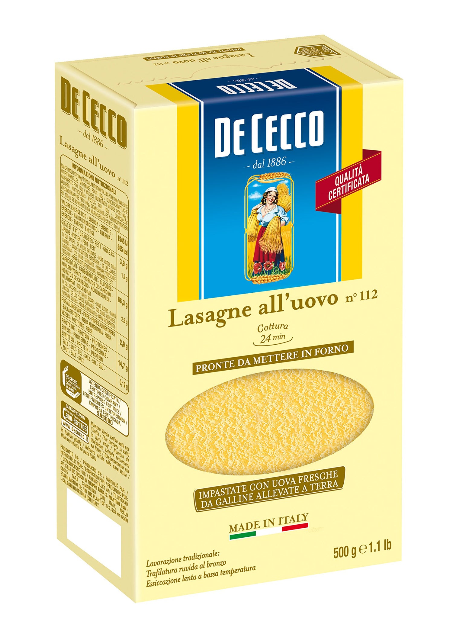 De Cecco Lasagna N°112 Timballo all'Uovo, 500g (Confezione da 8)