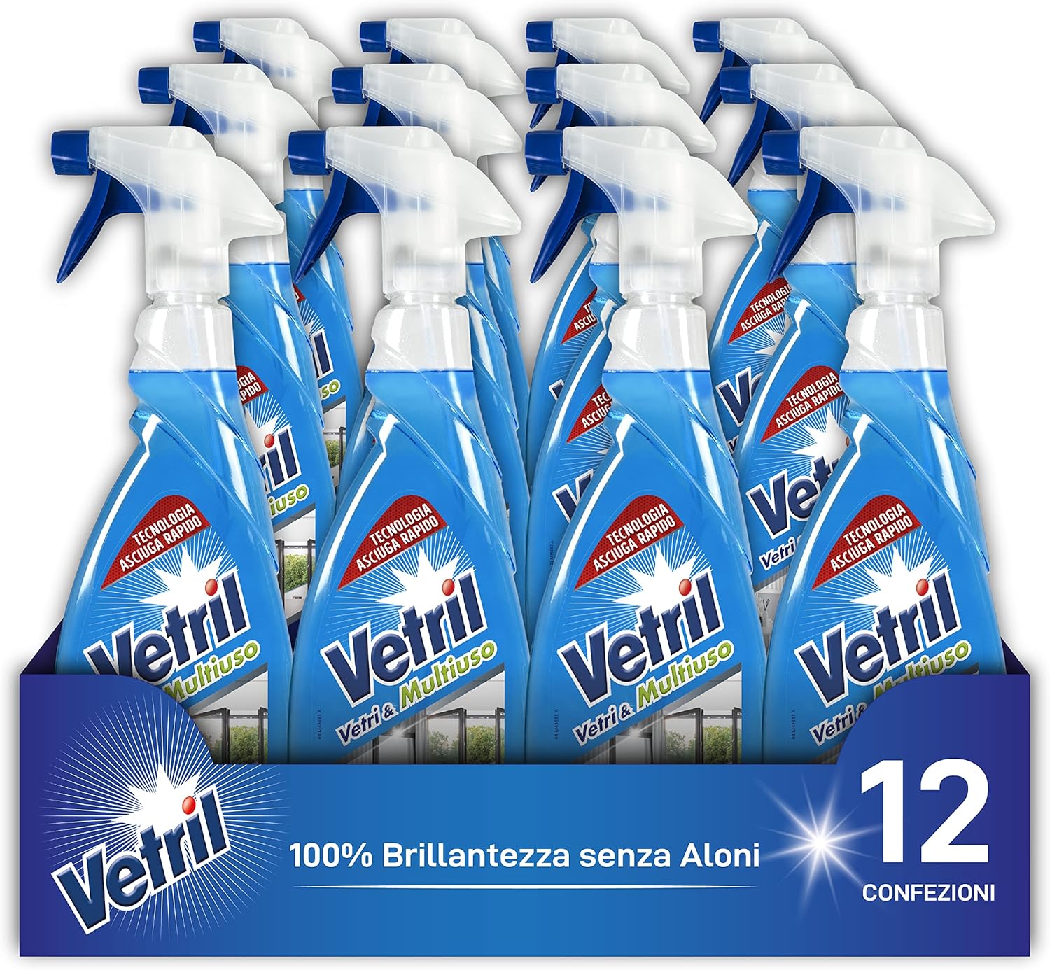 Vetril - Detergente Spray Vetri e Multiuso con Ammoniaca, Azione Sgrassante e Tecnologia Asciuga Rapido, in Ecoflacone, 650 ml x 12 pezzi